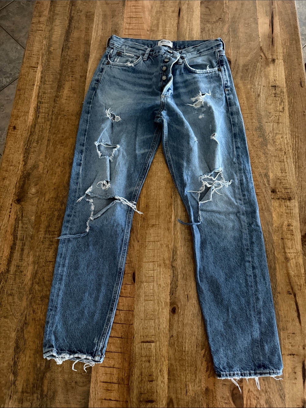 Agolde Distressed Straight Leg Jeans in Medium Blue